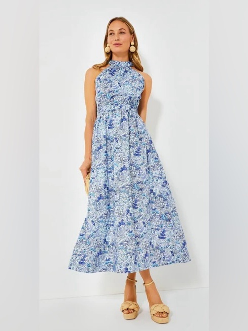 Tuckernuck Hyacinth House Blue White Floral High Neck Heidi Dress - Sz S